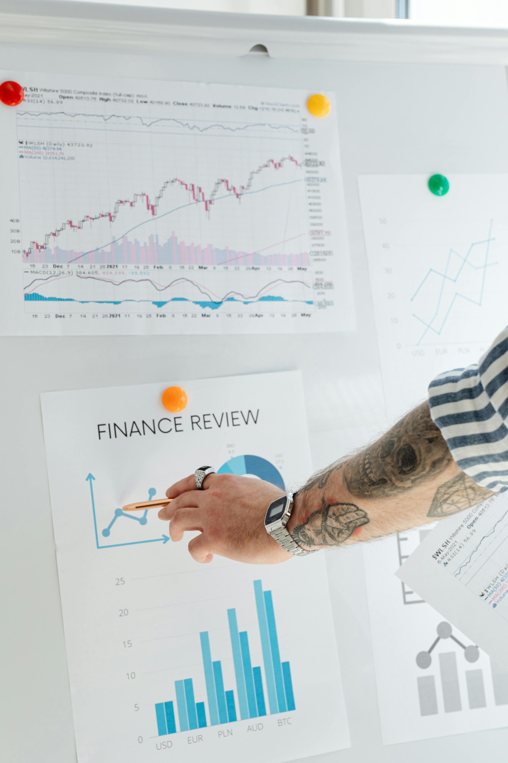 Man examining financial data charts on a whiteboard in an office setting.